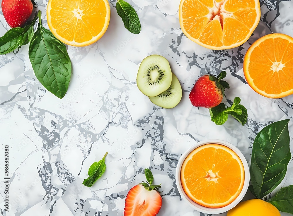 Wall mural Fresh Fruit Arrangement with Orange, Kiwi, and Strawberry