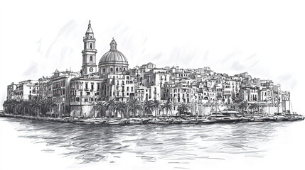 Naklejka premium Naples, Italy, black and white pen pencil hand-drawn effect drawing illustration for travel poster, card, wallpaper, backdrop or banner. Modern, clear, artistic and simple