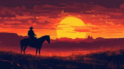 Fototapeta premium cowboy in silhouette riding horseback through the open western plains, surrounded by the wild west scenery and a breathtaking midwest sunset, symbolizing adventure and freedom