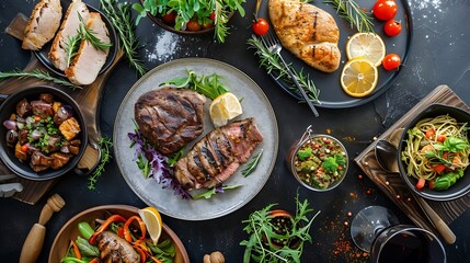 Top view of dinner table with grilled meat, baked potatoes and vegetables