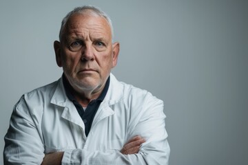 Obraz premium A man in a white lab coat is looking at the camera with a serious expression
