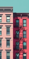 Illustration Of Pink And Red Buildings With Fire Escape
