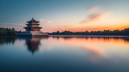 Obraz premium A serene view of the North-Western Corner Tower of the Forbidden City in Beijing, China, reflected beautifully in the calm waters at sunset