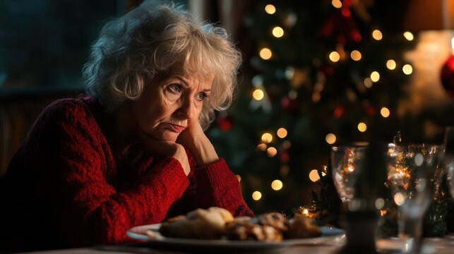 Sad senior woman having dinner alone at home on Christmas Eve night