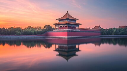 Obraz premium A serene view of the North-Western Corner Tower of the Forbidden City in Beijing, China, reflected beautifully in the calm waters at sunset