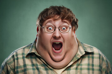 Humorous close-up portrait of an overweight man with exaggerated facial expression and wide open mouth, wearing glasses and a plaid shirt, isolated against a neutral background, offering ample copy sp