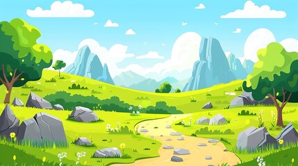 Naklejka premium Cartoon Green Meadow with Winding Path and Mountain Background