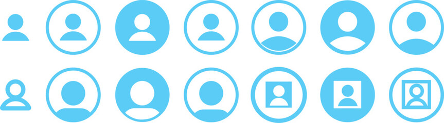 Profile user icons set. Person profile avatar with account symbol. Blue Flat and line vectors isolated on transparent background. Icons for applications and communication. Social media concepts.
