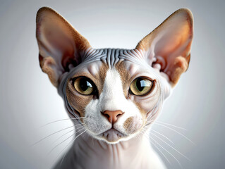 Close-up portrait of a unique sphynx cat showcasing its distinct features and captivating eyes.
