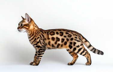 Fototapeta premium A graceful Bengal cat showcasing its distinctive spotted coat, perfect for capturing the beauty of exotic pets.