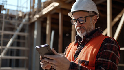 Construction worker using a smartphone at a building site during daylight hours