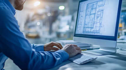 A professional working on architectural blueprints at a modern office during the afternoon