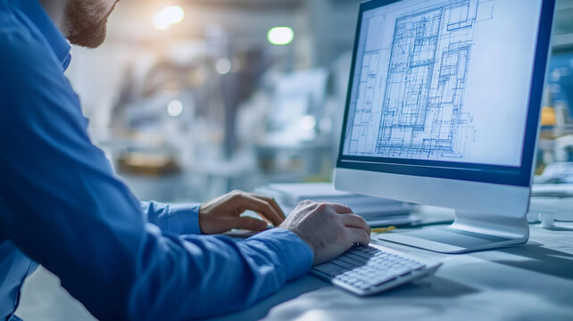 A professional working on architectural blueprints at a modern office during the afternoon