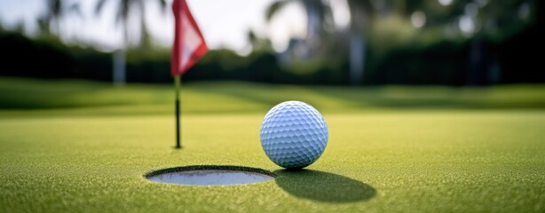 A golf ball is sitting on a green grass field next to a golf hole