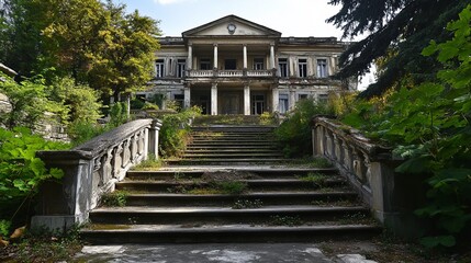 Obraz premium abandoned sanatorium building in kutaisi , between plants , sky , plants , trees , garden , stairs , stone , rocks , column , stairs , window , iveria , Iveria , Georgia , kutaisi 