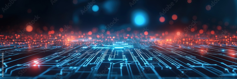 Poster futuristic digital circuit technology background with dynamic blue and red lights.