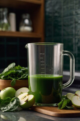 Close up of transparent glass being filled with fresh green juice in modern kitchen, healthy eating concept, detox, vegetable smoothies 
