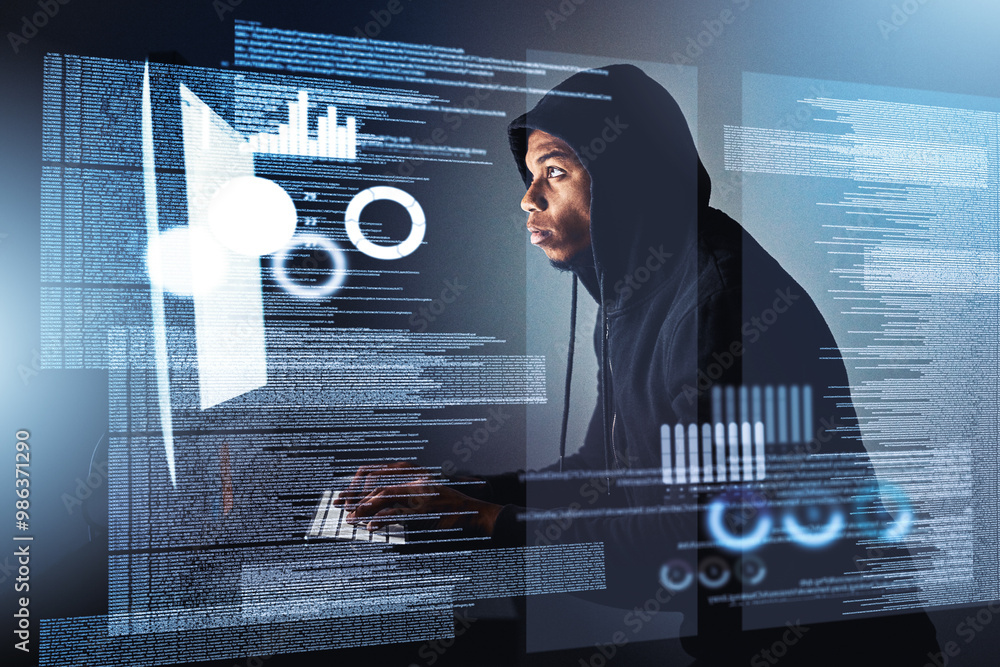 Poster man, hacker and typing on computer for crime, data breach and cyber attack overlay. keyboard, hackin