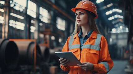 Young female engineer in safety gear checks data on a tablet in an industrial warehouse
