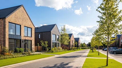 A row of newly built modern homes in the UK, featuring clean brickwork, large windows, and manicured lawns in a quiet suburban neighborhood.