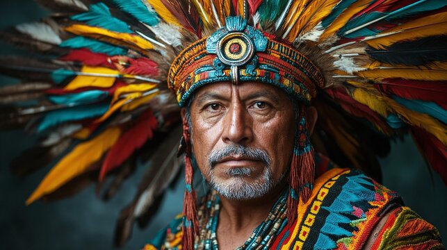 portrait of a man dressed like moctezuma the legendary aztec general wearing traditional warrior attire and ceremonial regalia representing the leadership and power of aztec history