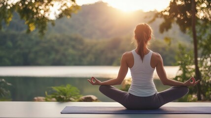 Fototapeta premium A woman is sitting on a yoga mat by a lake, practicing yoga