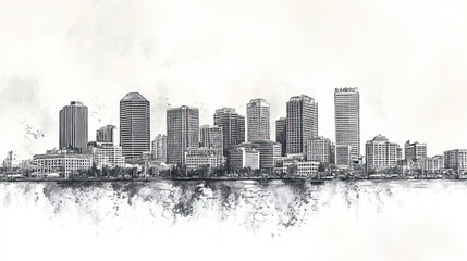 Obraz premium Norfolk, Virginia, black and white pen pencil hand-drawn effect drawing illustration for travel poster, card, wallpaper, backdrop or banner. Modern, clear, artistic and simple