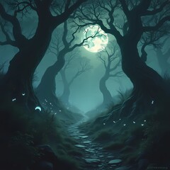 A forest path with a tree in the middle of it.