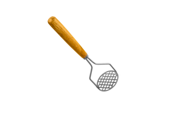 potato masher kitchen equipment tool on yellow background.