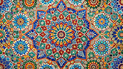 Intricate traditional mosaic pattern in vibrant colors showcasing floral designs and geometric shapes
