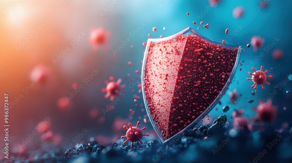 Poster a digital shield protecting a computer screen from a swarm of malicious viruses and malware.