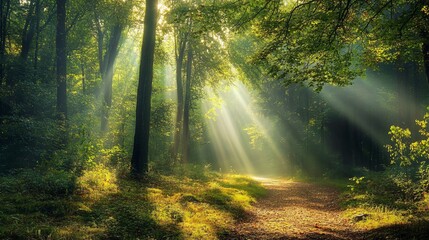 Fototapeta premium Sunbeams Illuminating a Path Through a Misty Forest