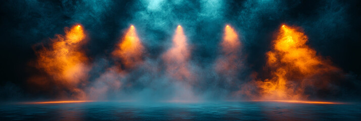Dark blue and orange smoke with spotlight beams.