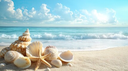 A sandy beach dotted with seashells and starfish under a bright summer sky, with the ocean breeze lightly rippling the water.