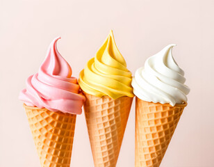 Assorted ice cream cones with pink, yellow, and white soft, A row of various ice cream scoops in waffle cones, including pink, yellow, and brown flavors , white background 