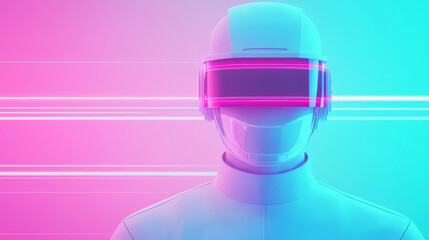 Futuristic robot with glowing visor, in pink and blue lighting.