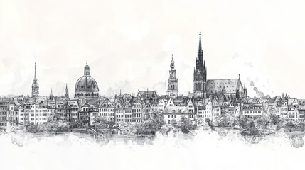 Fototapeta premium Nuremberg, Germany, black and white pen pencil hand-drawn effect drawing illustration for travel poster, card, wallpaper, backdrop or banner. Modern, clear, artistic and simple