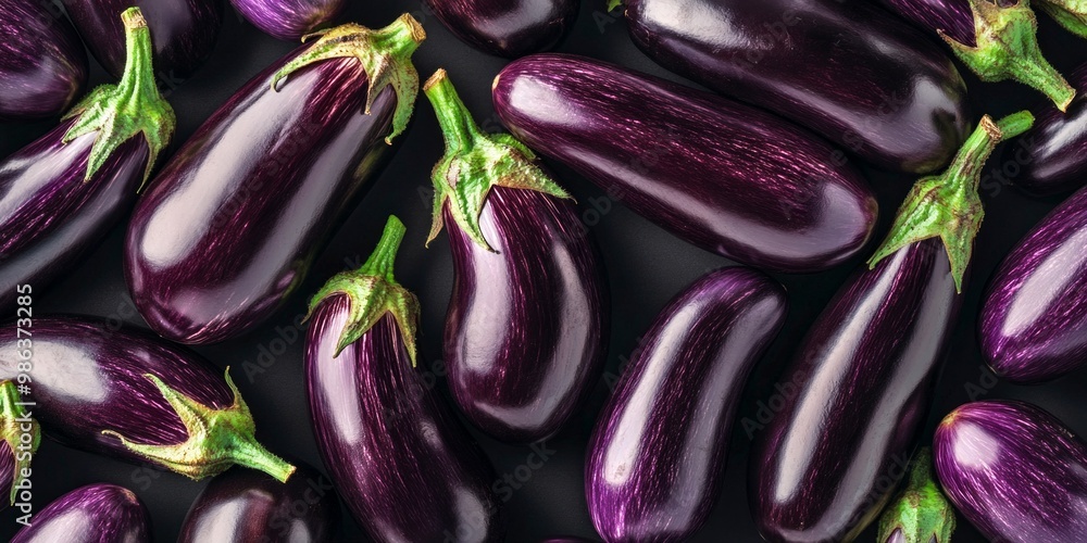 Poster Fresh and vibrant eggplants lay scattered on a dark surface. Their glossy skin reflects light beautifully. Ideal for culinary, food photography, or healthy lifestyle visuals. AI