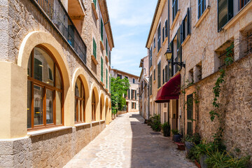 Gasse voller Pflanzen in Töpfen an den Hauswänden Valldemossa auf der spanischen Baleareninsel Mallorca 