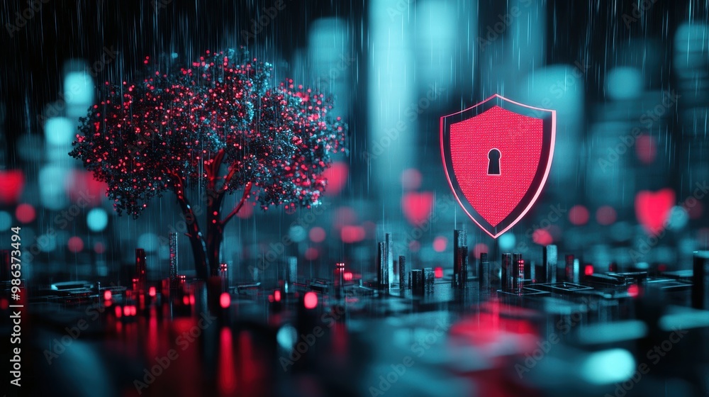 Aufkleber a cityscape with a digital shield overlay, representing the need for cybersecurity in a connected wo