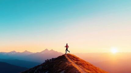 A person running on a mountain trail, reaching a peak and feeling a sense of accomplishment.