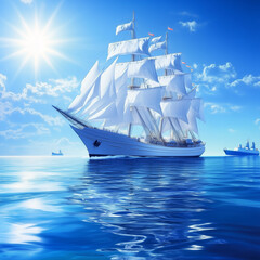 World Maritime Day, photorealistic illustration of a big ship in the ocean, bright blue tones, bright sunny sky, calm water, festive sea holiday, ships in the distance