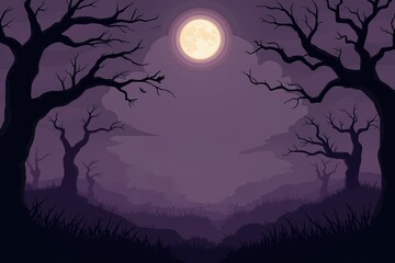 Fototapeta premium Eerie full moon night with bare trees and misty landscape.