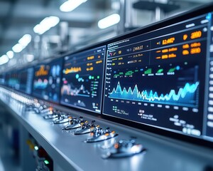 Naklejka premium Digital dashboard showing real-time optimization of a fully automated production line