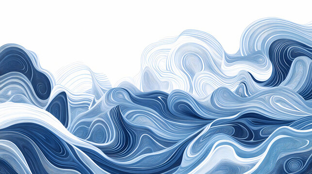 Abstract zentangle design featuring flowing waves in varying shades of blue on a white background, generative ai. Zentangle. Illustration