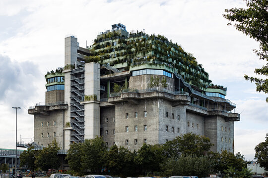 HAMBURG, GERMANY - 11. September 2024: Flakturm IV in St. Pauli bunker building from WWII. The former turret is a historical architecture in the city. The landmark is located in the Feldstrasse.