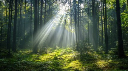 Fototapeta premium Sunlight Filtering Through the Trees in a Foggy Forest