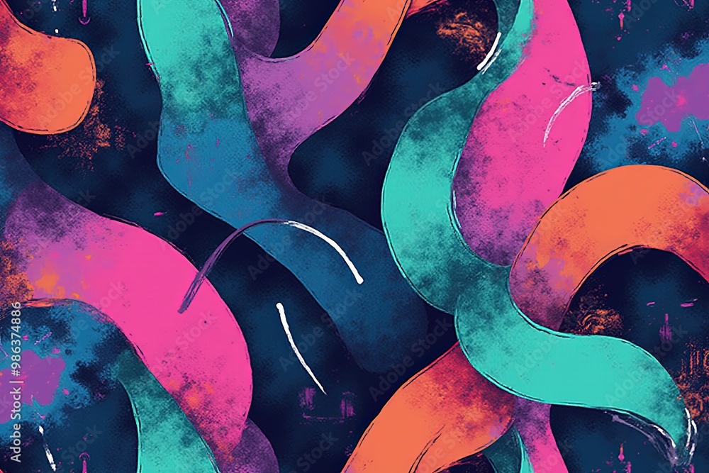Poster vibrant abstract art with colorful curves and textures for modern design projects.