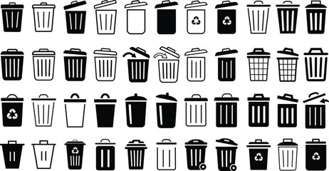 Trash bin icons set. Black vectors trash dustbin signs elements. Recyclable Waste Line and flat Designs isolated on transparent background. Waste sorting containers. Suitable for Web Page, Mobile App.
