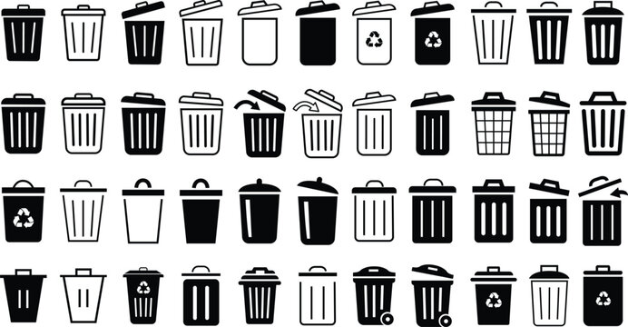 Trash bin icons set. Black vectors trash dustbin signs elements. Recyclable Waste Line and flat Designs isolated on transparent background. Waste sorting containers. Suitable for Web Page, Mobile App.